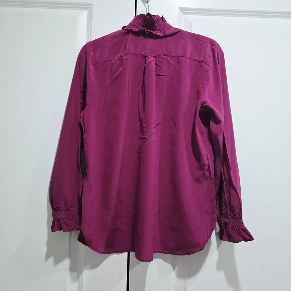 J.Crew - S Women’s Classic-Fit Ruffleneck Silk Popover‎ Blouse in Fuchsia